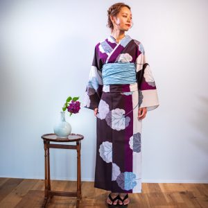 YW,048 焦茶縞に蕗（フキ）